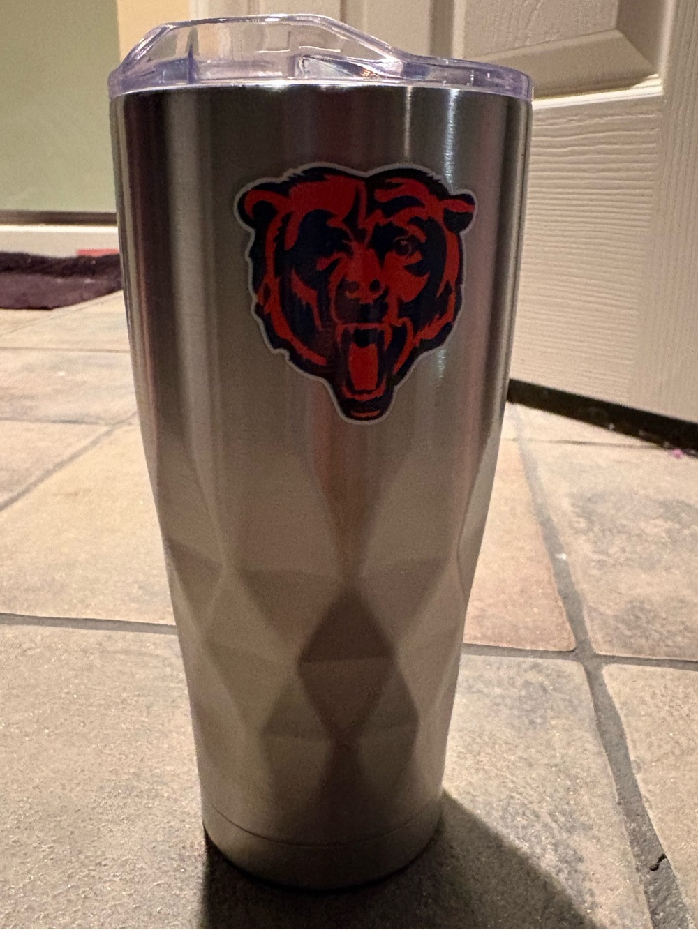 NFL Silver Tumbler with Orange Chicago Bears Logo and Clear Lid